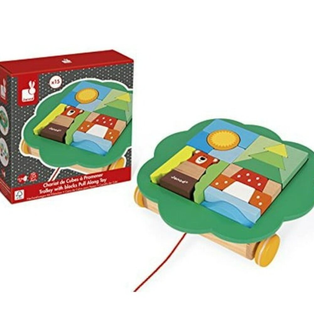 Janod Wooden Trolley with Blocks Pull  Along Toy Brand New For Age 1+